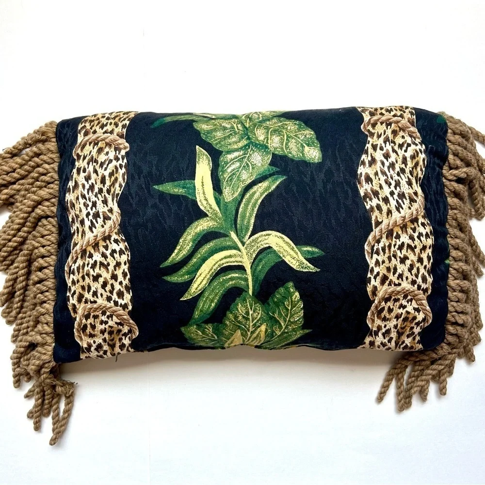 Vintage 1990s Anju Woodridge Jungle Vine Leopard Print Tassel Accent Pillow